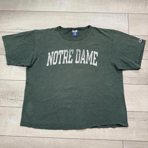 Vintage Champion Notre Dame T-Shirt Green XXL Distressed Logo 90s/00s NCAA Fade - Picture 1 of 8